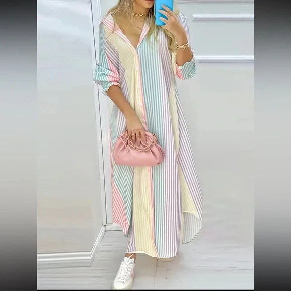 🔥 LAST ONE COLOR-BLOCK STRIPED MAXI SHIRT BUTTON UP DRESS LONG SLEEVE S M L XL - Picture 3 of 5